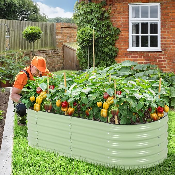 Aoodor 17" Tall Oval Galvanized Raised Garden Bed Kit, 4-in-1 Large Metal Outdoor Planter Box for Vegetables, Flowers, and Herbs, 5 x 2 x 1.5 Ft, Olive Green