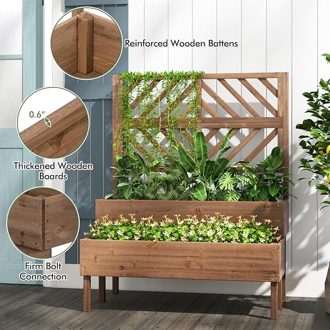 Raised Garden Bed with Trellis & 2 Planter Boxes, 2-Tier Outdoor Wooden Elevated Planter Box with Legs & Drainage Holes, Gardening Planters for Flowers, Herbs, Vegetables & Fruits(Brown)