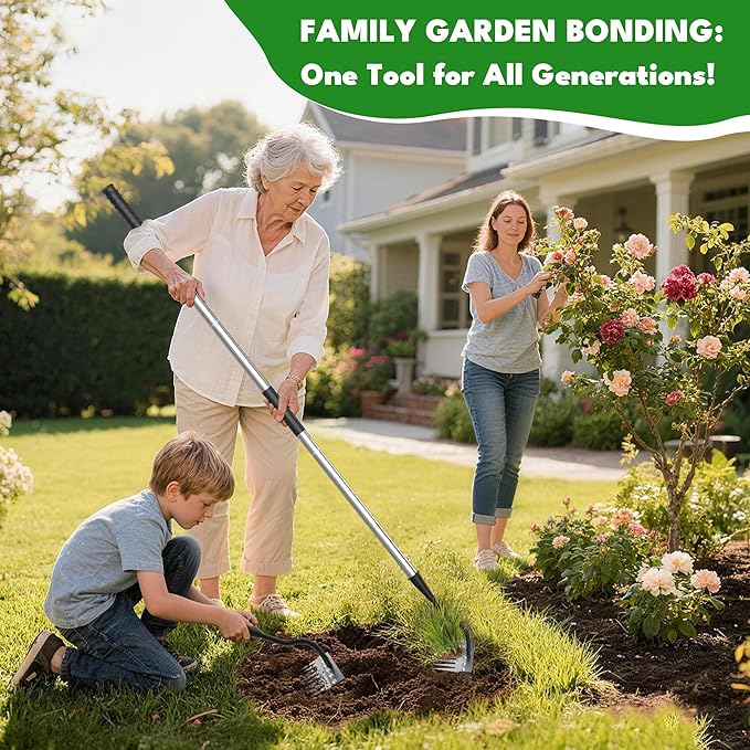 Iron Weeding Rake with Long Handle 2.0, Upgraded 8 Teeths Garden Weed Puller Tool Heavy Duty Gardening Tool for Lawn, Flower Beds & Soil Aeration