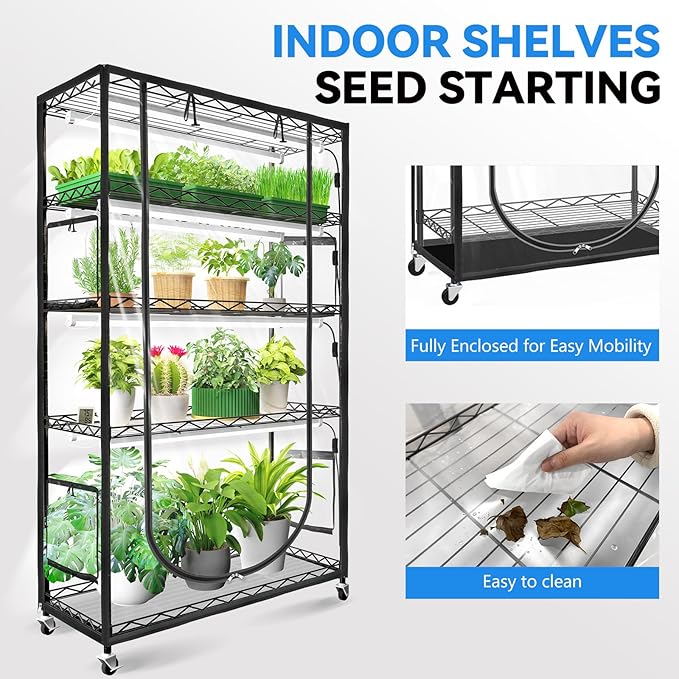 JESLED Indoor Greenhouse with Grow Light, 3FT Full Spectrum 5000K LED Light for Seed Starting, Tiered Lighting Control, Built-in Timer & Thermo-Hygrometer, Rolling Metal Plant Stand (35.4x13.8x70 in)