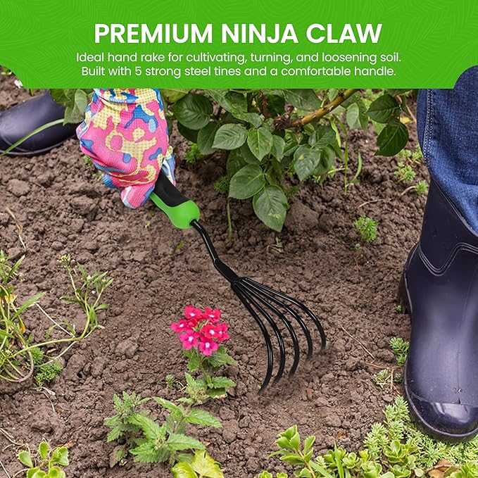 Garden Guru Hand Rake Cultivator Claw Soil Tiller with Ergonomic Handle - Military Grade Steel & Rust Resistant - 5 Tine Japanese Ninja Claw - Perfect Pulverized and Aerated Soil (4 Pack)