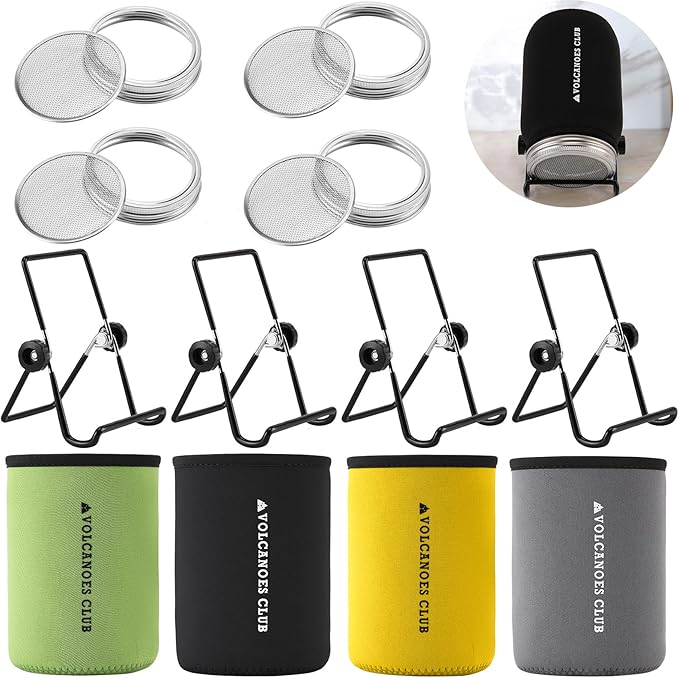 Sprouting Lids Growing Kit - 316 Stainless Steel Sprouting Lids for 86mm Wide Mouth Mason Jar with Stands & Blackout Sleeves - Organic Sprouts, Broccoli, Alfalfa Sprout Kit (Set of 4)