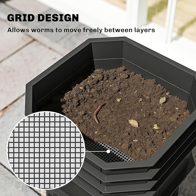 Outsunny 4-Tray Worm Composter Bin, 7.4 Gal Outdoor & Indoor Worm Composter, Farm Starter Kits for Vermicomposting Starter, Garden Composting Bin for Recycling Food Waste, Black