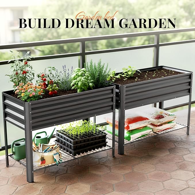 KING BIRD Large Raised Garden Bed with Legs & Storage Shelf Galvanized Elevated Planter Box for Backyard, Patio, Balcony, 400lb Capacity, Dark Grey 48×24×30 in