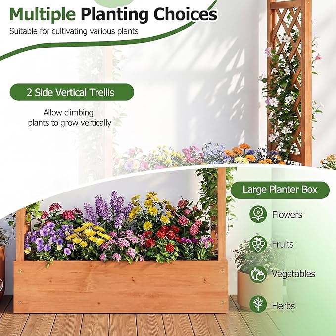 HAPPYGRILL Raised Garden Bed with Trellis & Hanging Roof, 45" Tall Wooden Planter Box with Drainage Holes, Outdoor Wood Elevated Garden Bed for Climbing Plants Vines Vegetables Flowers (Orange,2)