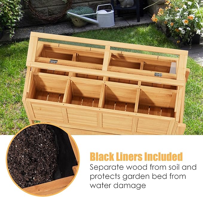 Raised Garden Beds on Wheels with Legs and Cover Elevated Herb Planter Box Cart Outdoor with Bed Liner,Storage Shelf,Seed Starter Tray for Backyard Patio Gardener Porch Outside (Country Rustic)