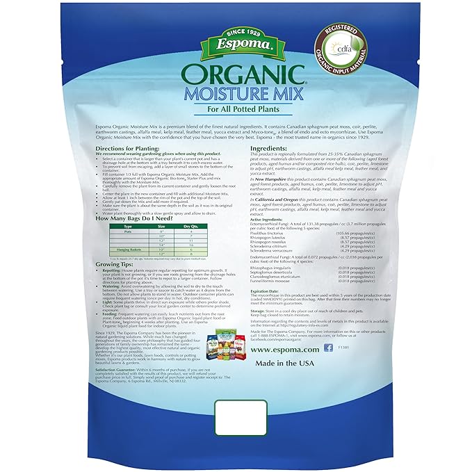 Espoma Organic Moisture Mix Potting Soil - All Natural Potting Mix for All Indoor & Outdoor Containers for Organic Gardening. 8 Qt. Bag Bag. Pack of 1
