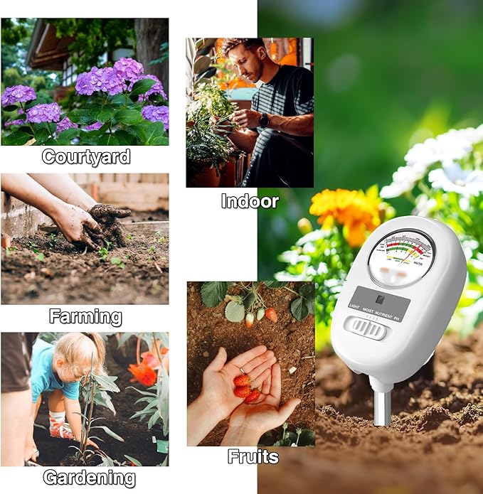 [Newest] Soil Meter, 4-in-1 Soil Moisture Meter, Digital Soil Test with pH, Moisture, Light and Nutrient for Gardening, Lawn, Farming, Outdoor& Indoor Plants