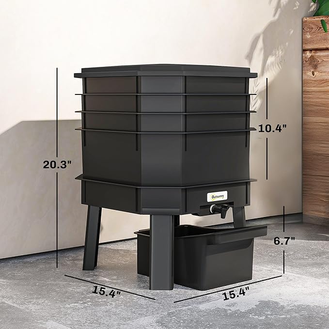 Outsunny 4-Tray Worm Composter Bin, 7.4 Gal Outdoor & Indoor Worm Composter, Farm Starter Kits for Vermicomposting Starter, Garden Composting Bin for Recycling Food Waste, Black