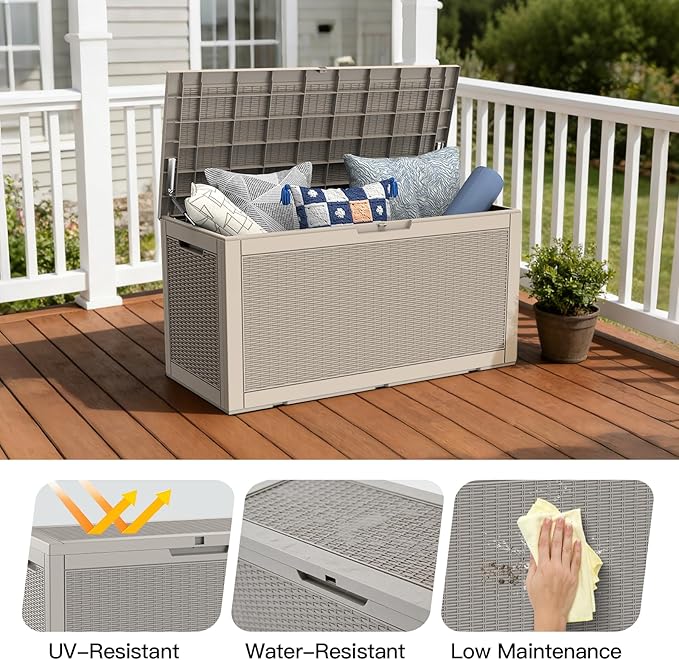 Mars Villa 100 Gallon Outdoor Storage Box, Large Resin Deck Box Waterproof, for Outside Patio Furniture Cushion, Pool Supply, with Hydraulic Hinge, UV-Resistant and Weatherproof, Rattan Greige