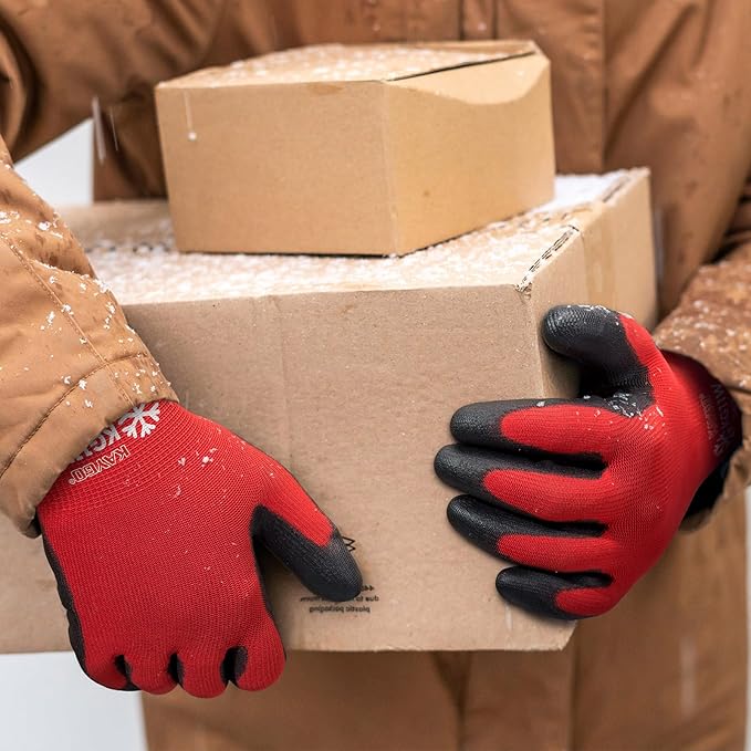 KAYGO 12 Pairs Winter Work Gloves for Men and Women, Thermal Insulated Safety Work Gloves PU Coated, Super Grip,Ideal for Freezer Work,Red,L