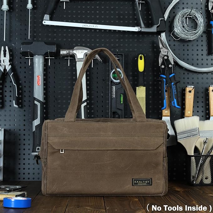 Tool Storage Bag | 16OZ Waxed Canvas Tool Tote Bag with Convenient Handle & Smooth Zipper - for Wrench Set Hammer Pliers, Multi-Purpose Gardening Carrier Bag with 6 Pockets | Grey | Small