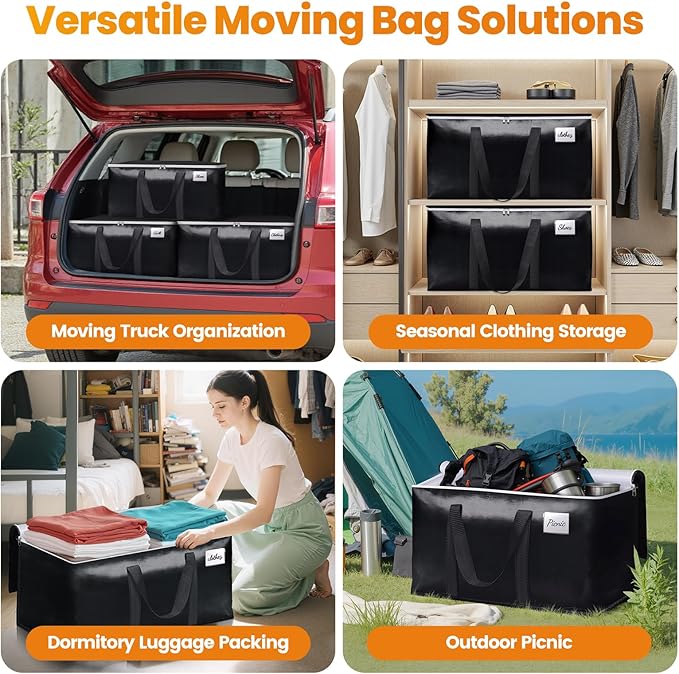 Heavy-Duty & Extra Capacity Moving Bags with Backpack Straps, Storage Totes with Double Zipper & Strong Handles, Packing Bags Alternative to Moving Boxes, Moving Supplies (8 Pack, Black)