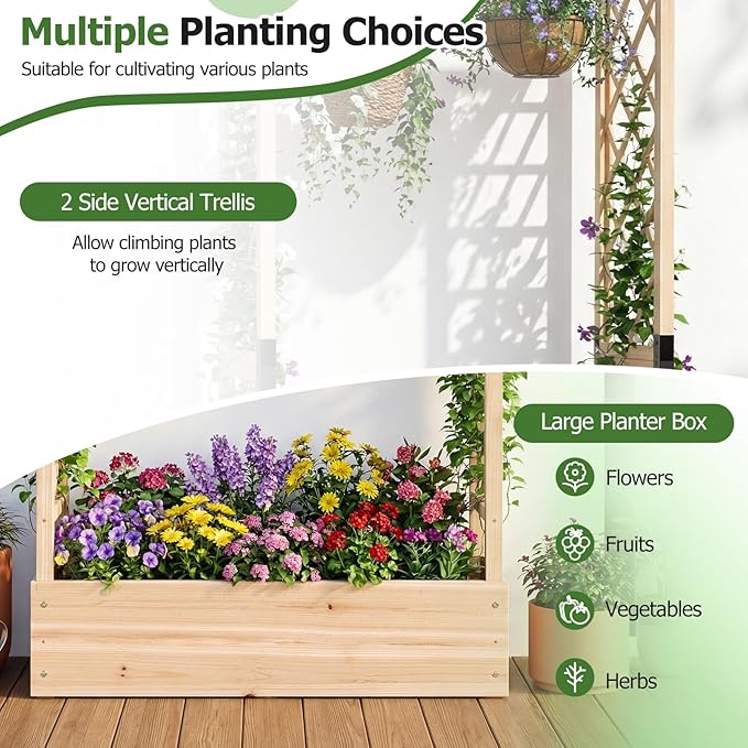 HAPPYGRILL 89" Raised Garden Bed with Trellis & Hanging Roof, Wooden Planter Box with 4 Drainage Holes, Outdoor Wood Elevated Garden Bed for Climbing Plants Vines Vegetables Flowers (Natural,2)
