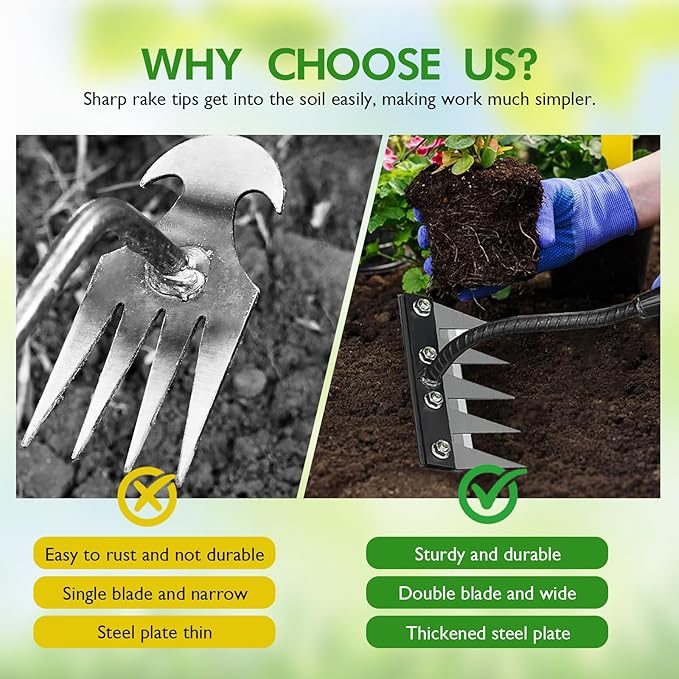 Carbon Steel Garden Hand Rake, Garden Hand Rake Tool, Iron Weeding Rake 2.0, Iron Rake for Yard Lawn and Garden, Heavy-Duty Gardens Hand Weeder Puller Tool for Gardening and Weedings(5 Teeth)