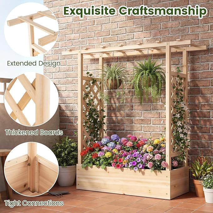 S AFSTAR Raised Garden Bed with Trellis, 2 Pieces Fir Wood Planter Box with Flat Roof & Drainage Holes, Vertical Planter Raised Bed for Climbing Plants, Flowers & Vegetables, 43" x 14" x 45" (Natural)