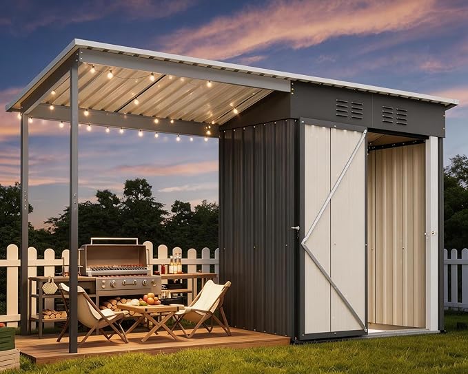 Waterproof 9.6'x2.3' Storage Shed with Gazebo Porch, Heavy Duty 2-in-1 Lean-to Tool Storage Garden House with 5'x2.3' Open Shed, Lockable Door for Patio, Backyard, Lawn, Metal, Gray