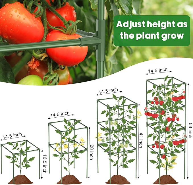 Unves 3 Pack Tomato Cage for Garden, 11.8" W x 53" H Square Tomato Trellis Plant Support Frame with 50 Pcs Plant Clips, Suitable for Climbing Vegetables, Flowers, and Fruits