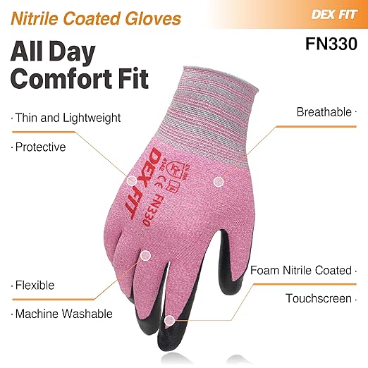 DEX FIT Nitrile Work Gloves FN330, 3D-Comfort Stretchy Fit, Firm Grip, Thin & Lightweight, Touch-Screen Compatible, Durable, Breathable & Cool, Machine Washable; Pink XL (10)