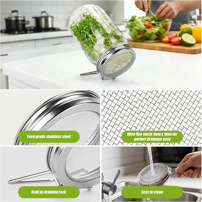 2 Pcs Sprouting Lids for Wide Mouth Mason Jars, Stainless Steel Reusable One-Piece Sprouting Jar Lids Kit with Built-In Stand, Seed Germination Sprouts Growing Kit for Organic Alfalfa & Mung Bean