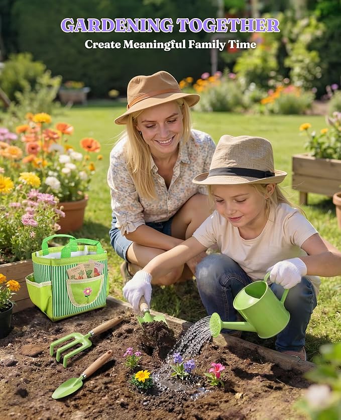 8Pcs Kids Gardening Set with Metal Basket & Real Metal Tools, STEM Outdoor Kit, Ergonomic Wooden Handles, 3 Shovels, Rake, Watering Can, Gloves, Gift for Toddler Boys Girls, Green