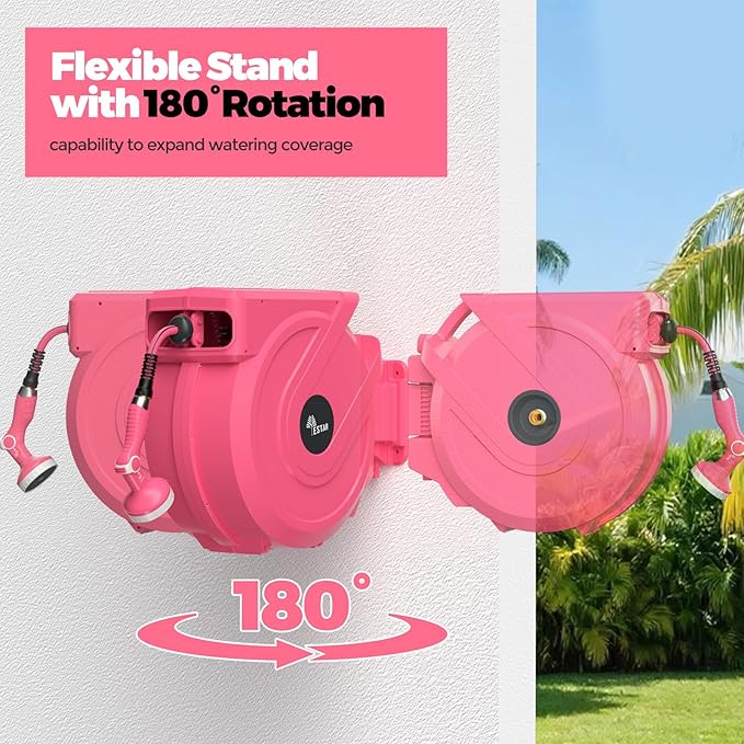 Retractable Garden Hose Reel 5/8 in x100 ft, Heavy Duty Wall Mounted Hose Reel with 10- Function Sprayer Nozzle, Any Length Lock/Automatic Slow Return System,180° Swivel Bracket
