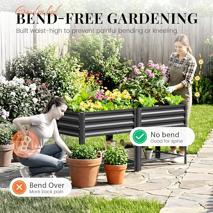 KING BIRD Large Raised Garden Bed with Legs & Storage Shelf Galvanized Elevated Planter Box for Backyard, Patio, Balcony, 600lb Capacity, Dark Grey 70.9x22.8x31.5 in