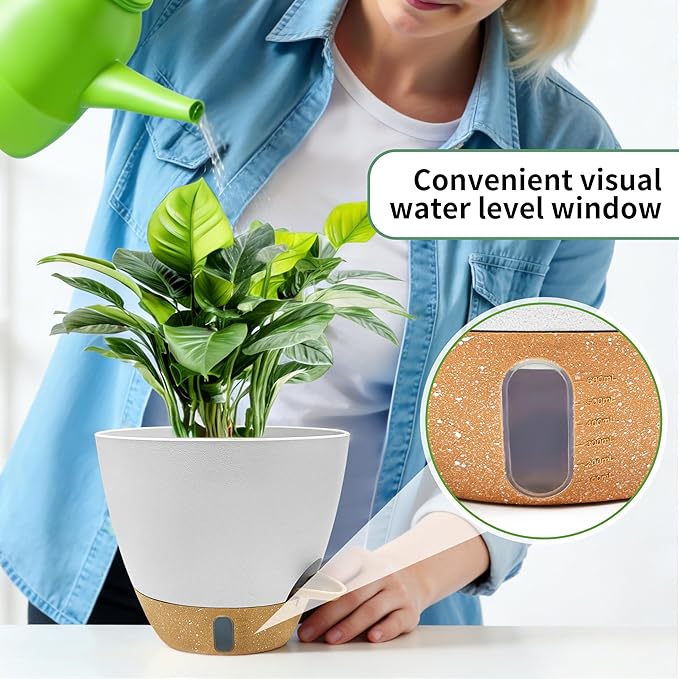 MNKXL 12"/10"/9"/8" Self Watering Pots with Visual Water Window,Extra Large Self Watering Plant Pots with Drainage Holes & Saucers,White Planters for Indoor Plants,4-Pack