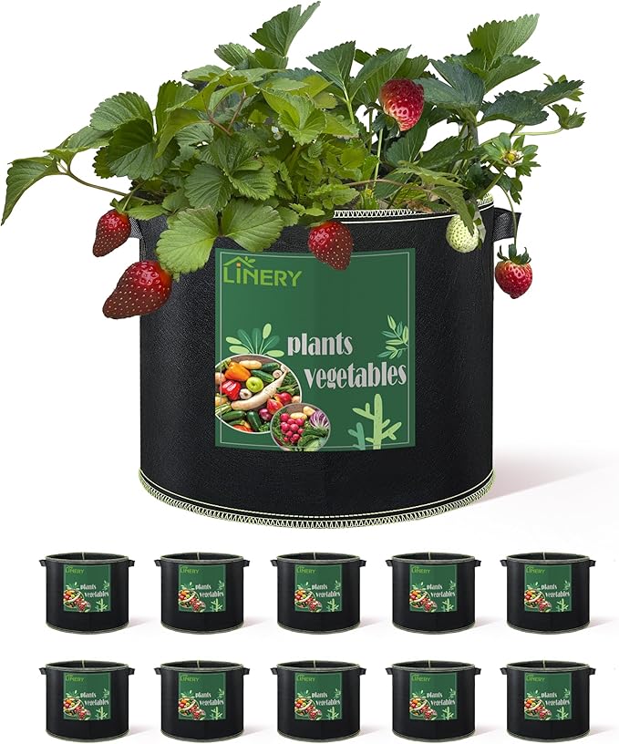 LINERY 10-Pack 10 Gallon Grow Bag - Black Heavy Duty Thickened Planting Bags With Handles, Non-Woven Fabric Plant Pots