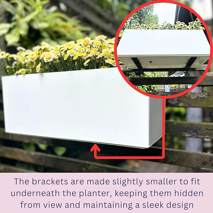 LaLaGreen Railing Planter Box (20 Inch, 4 Pack) White Rectangular Window Flower Boxes with Bracket, Self Watering System Hanging Planter Box for Outdoor Plant Pots Container Deck Rail Fence Balcony