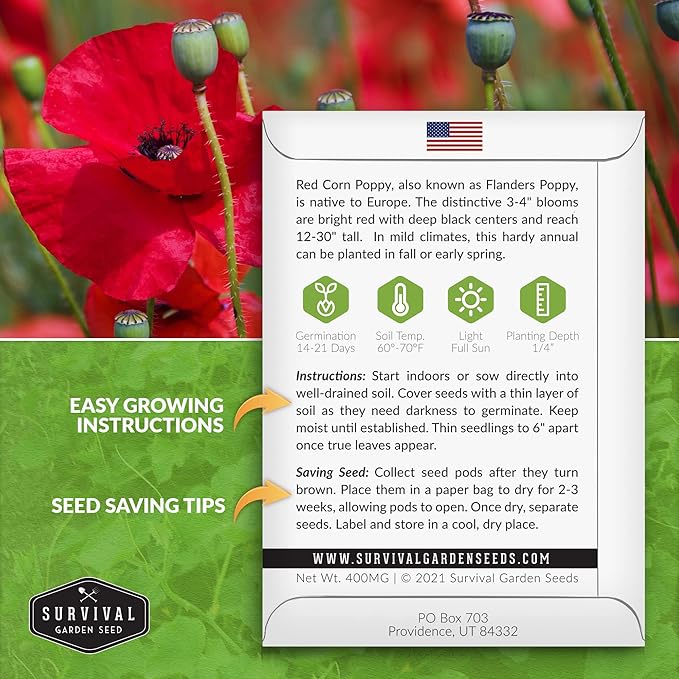 Survival Garden Seeds Red Corn Poppy (Papaver Rhoas) | 1 Pack with Wildflower Seeds & Planting Instructions | Grow Flanders (American Legion) Poppies in Your Home Flower Garden - Non-GMO Heirloom