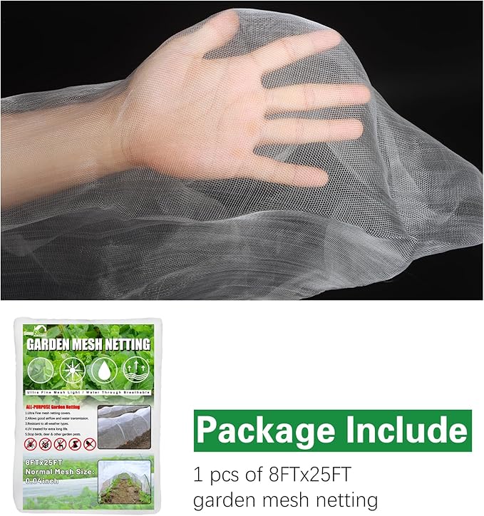SnugNiture 3 Pack Garden Netting 8x25FT Ultra Fine Mesh Mosquito Netting Plant Covers, White Bird Netting Barrier Greenhouse Row Cover Protect Fruits Flower Vegetables from Birds Deer & Squirrels