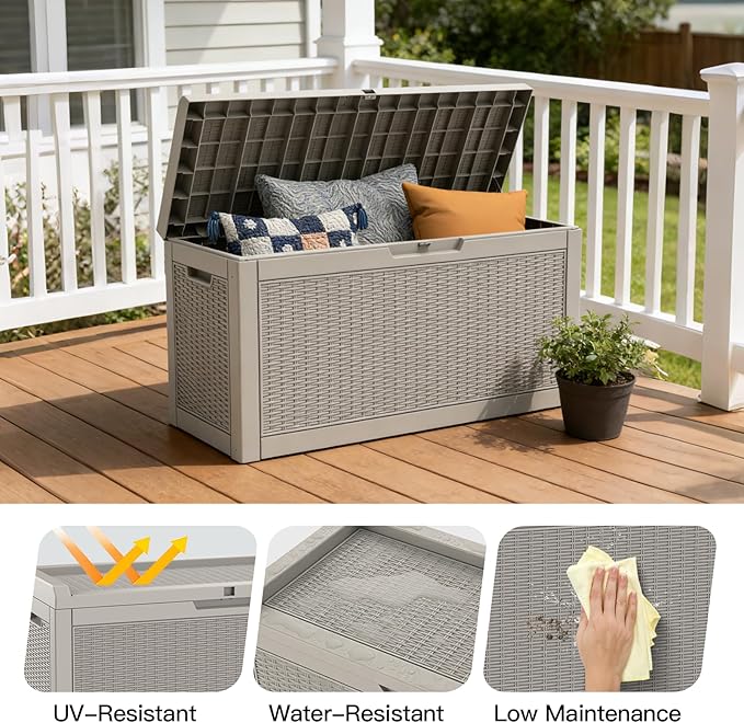 Mars Villa 60 Gallon Outdoor Storage Bench, Deck Box Waterproof Outside Resin Storage Bin for Outdoor Patio Furniture Cushion, Pool Supply, Garden Tool, UV-Resistant and Weatherproof, Rattan Greige