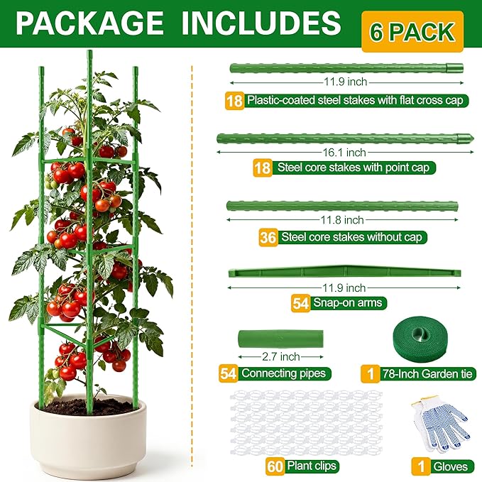 WAENLIR 6-Pack Tomato Cage for Garden, Up to 51 Inch Tomato Trellis for Raised Garden Bed, Plant Stakes for Pots, Durable Tomato Plant Support Garden Stakes for Climbing Plants (Green, 51 inch 6 Pack)