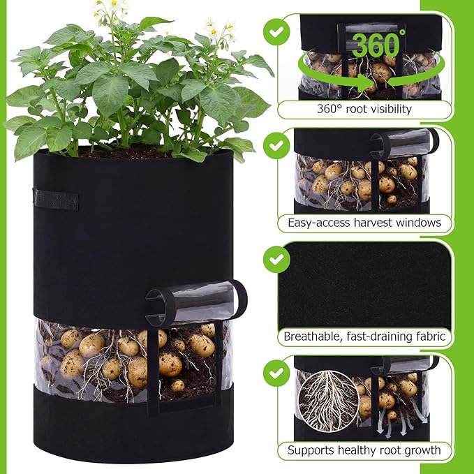 Baderke 2 Pack Visible Potato Grow Bags with Harvest Window, 360 Visibility Plant Grow Bags with Handles for Planting Potatoes, Tomatoes and Vegetables (30 Gallon,Black)