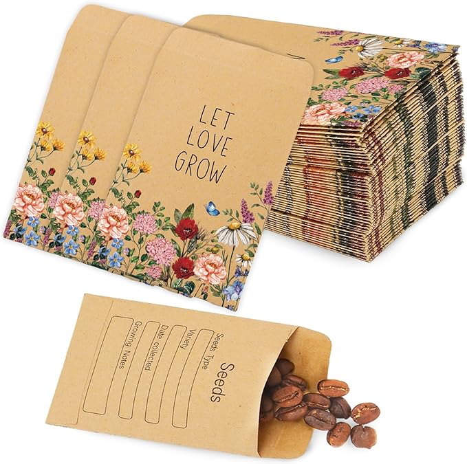 300Pcs Wildflower Seed Packets Let Love Grow Self-Adhesive Kraft Envelopes Rustic Floral Seed Storage Pockets for Garden Office Party Favors Supplies, 3.15 x 2.4 Inch