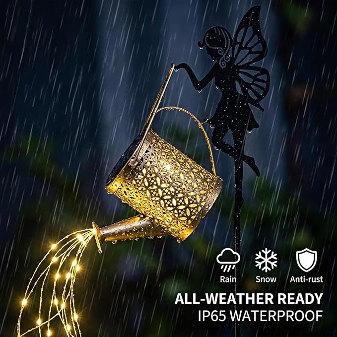 Fairy Solar Lights Outdoor Waterproof, Upgraded Thickened Stake Metal Garden Decor, Whimsical Watering Can Lantern for Yard Pathway, Fairy Garden Accessories Gifts for Women