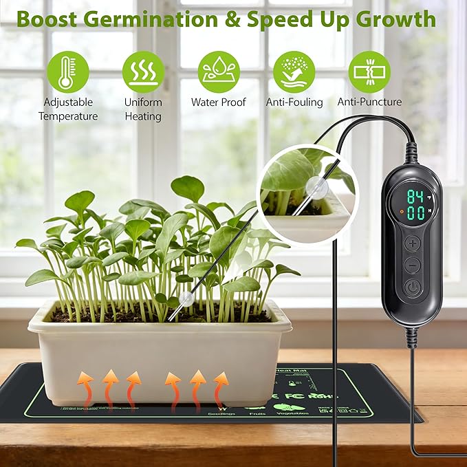 Seedling Heat Mat with Thermostat Controller, Plant Warming Mat for Indoor Growing, Seed Starting Heater Mat Temperature & Timer Set, Waterproof Heat Mat for Germination Fermentation Greenhouse