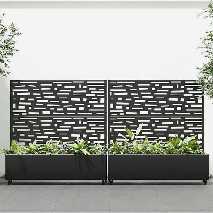 Casaphoria Metal Raised Garden Bed with Trellis and Wheels, 47"x47"x16" Planter Box for Climbing Plants, Vegetables & Vines, Features Drainage Holes and Privacy Screen (Black-Gerald)