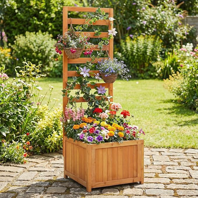 Giantex Set of 2 Wood Raised Garden Bed with Trellis, Outdoor Planter Box for Vines Flowers Vegetables, Herbs, Freestanding Plant Container Privacy Planters for Porch, Patio, Backyard