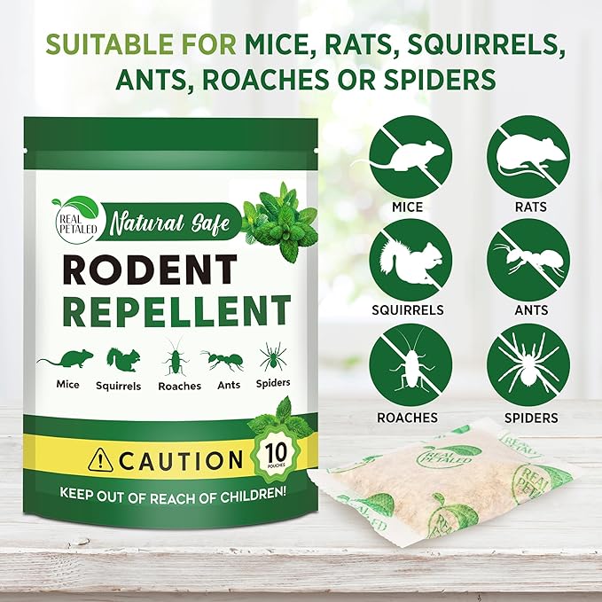 Natural Rodent Repellent Pouches - Peppermint Oil Mouse and Rat Repellent - Indoor and Outdoor Protection for Home, Basement, Garage, Attic, and Storage - 10 Pouches (Pack of 1)