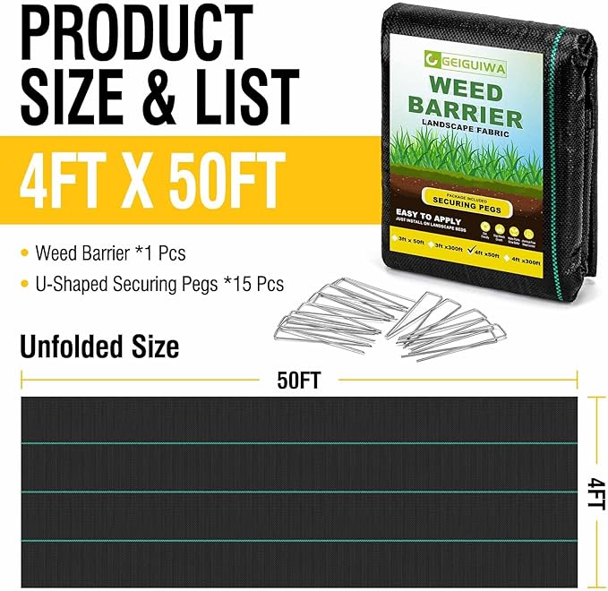 4ftx50ft Weed Barrier Landscape Fabric Heavy Duty,Weed Control Garden Cloth Woven Geotextile Fabric for Flower Bed,Driveway Fabric Ground Cover(3.2OZ)