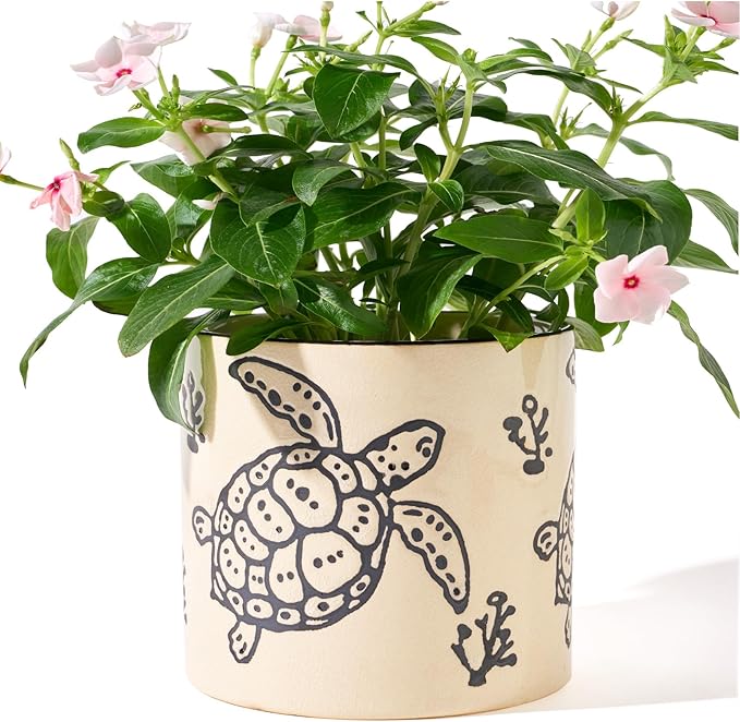 5 Inch Ceramic Plant Pots with Drainage Holes, Small Round Flower Pots for Indoor Plant, Unique Animal Flower Planters (Sea Turtle)