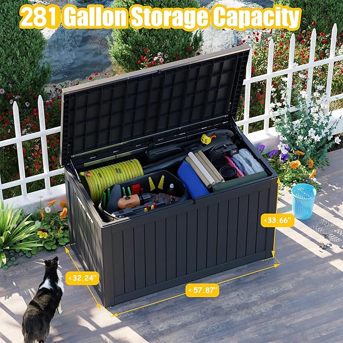 281 Gallon Large Resin Deck Box, Lockable Outdoor Storage Box for Patio Cushions Storage Furniture,Garden Tools, Pool Supplies, Weatherproof and UV Resistant (Black)