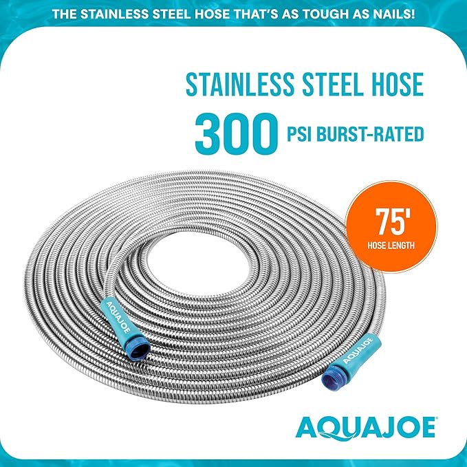 Aqua Joe AJSGH75 1/2-Inch Heavy-Duty, Puncture Proof Kink-Free, Spiral Constructed 304-Stainless Steel Metal, Garden Hose, 75-Foot