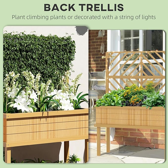 Outsunny Raised Garden Bed with Trellis for Climbing Plants, Vegetable, Grape Vines, Elevated Planter Box with Legs, Drainage Holes and Filter for Outdoor Garden, Patio, Natural Wood