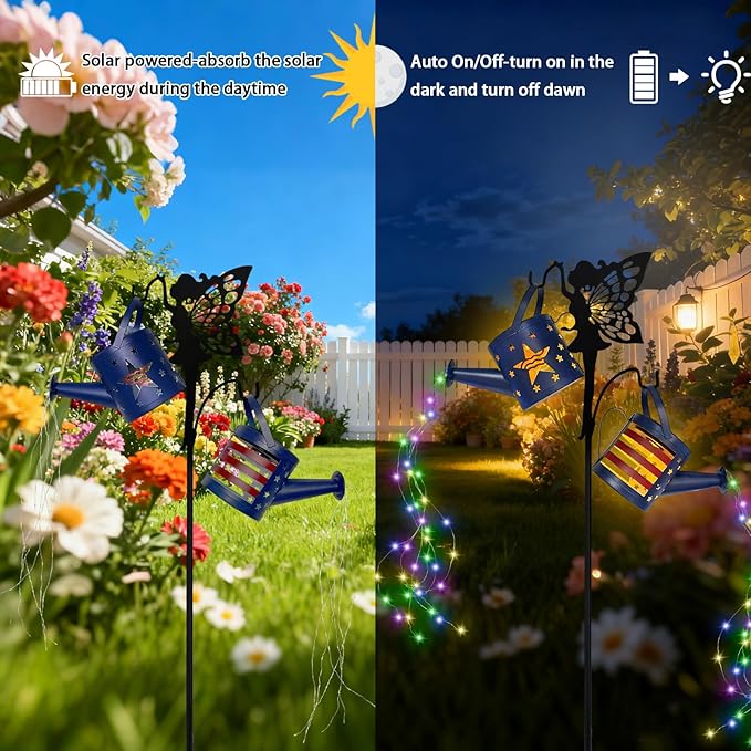 DDQ 2PC Solar Watering Can Lights with Angel Shepherd Hook, Color 58 LED IP65 Waterproof Metal Garden Decor, Auto On/Off for Patio Backyard for 4th of July Decor