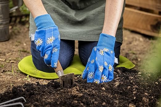 MUD Essential Women's PVC Dotted Palm And Daisy Printed Jersey Garden Glove, Extreme Comfort, Excellent Grip, Durable Wear, Blue, Medium/Large (M61001B-WML)