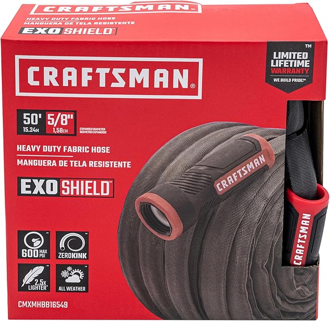 CRAFTSMAN ExoShield Heavy-Duty Fabric Hose - Industrial-Grade Lightweight Garden Hose, 50 Feet x 5/8 Inch