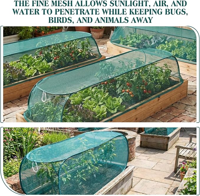 4 Pcs 45'' x 20'' x 18'' Pop up Garden Rows Plants Cover Vegetable Mesh Plant Protector Net Cage Guard with Ground Nails for Protecting Vegetable Fruit Seedling from Animal (Dark Green)